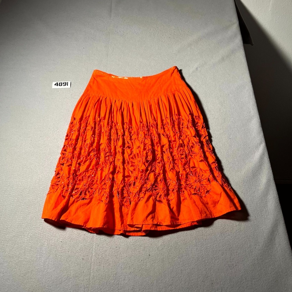 Basil & Maude Skirt Women 10 Orange Floral Eyelet Sequin Pleated Ruffle Hem